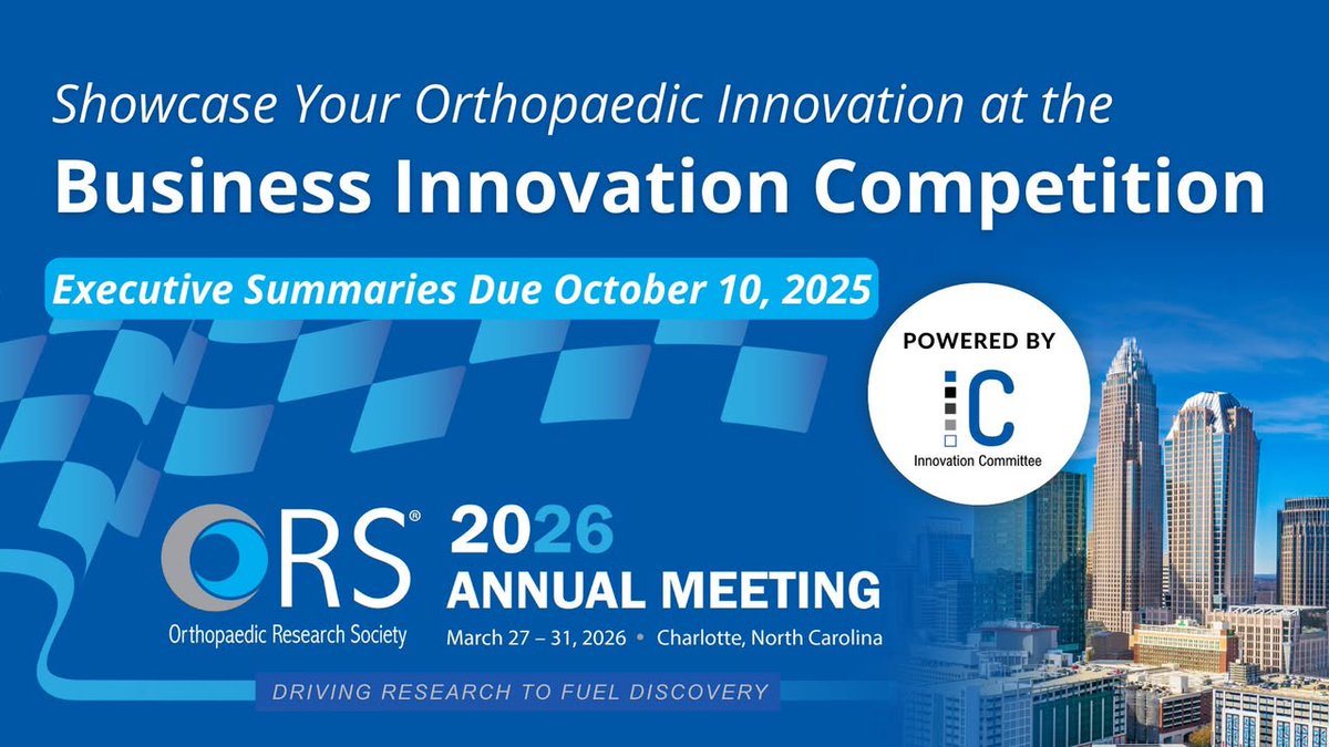 ORSsociety's tweet photo. 🚀 Got a breakthrough idea in #musculoskeletal research? Submit to the Business Innovation Competition at #ORS2026, Mar 27–31 in Charlotte! Executive Summary due Oct 10. Learn more and submit here: https://t.co/BWtja6HP6U https://t.co/cfstKDquGY