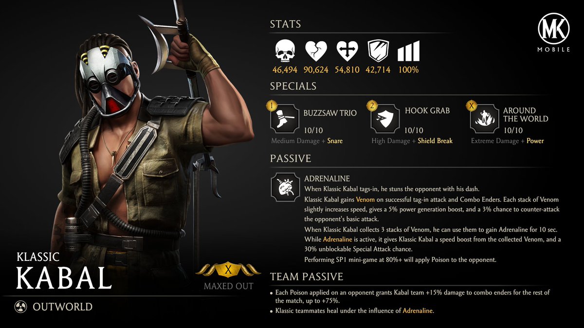 His respirator keeps him alive, but Venom powers up his Adrenaline to deal faster strikes and devastating damage. Bring Kabal’s fast and lethal attacks to your team! #MKMobile