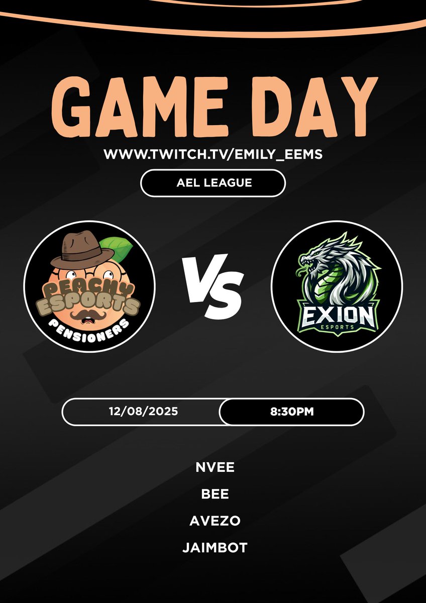 🚨GAME DAY🚨
 
Peachy Pensioners 🆚 Exion Esports

🔴 <a href="/AMeLeague/">AEL - Amateur Esports League</a> 
⏰ 8:30pm GMT
📸 Twitch.tv/emily_eems / <a href="/Emily_eems/">emily_eems</a> 

🍑 @TeejEnvy 
🍑 <a href="/sumBee_/">sumbee</a> 
🍑 <a href="/_Avezo/">Avezo</a> 
🍑 <a href="/jaimbot3/">Jaimbot</a>