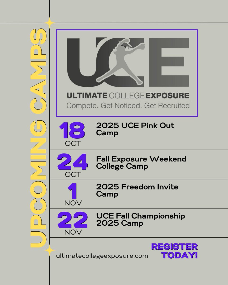 UCE gots CAMPS
🔥🔥🔥
The Summer recruiting calendar wrapped up over the weekend, but we've already got the next recruiting opportunity lined up for the Fall. Check out these camps to get even more exposure for your athletes at ultimatecollegeexposure.com