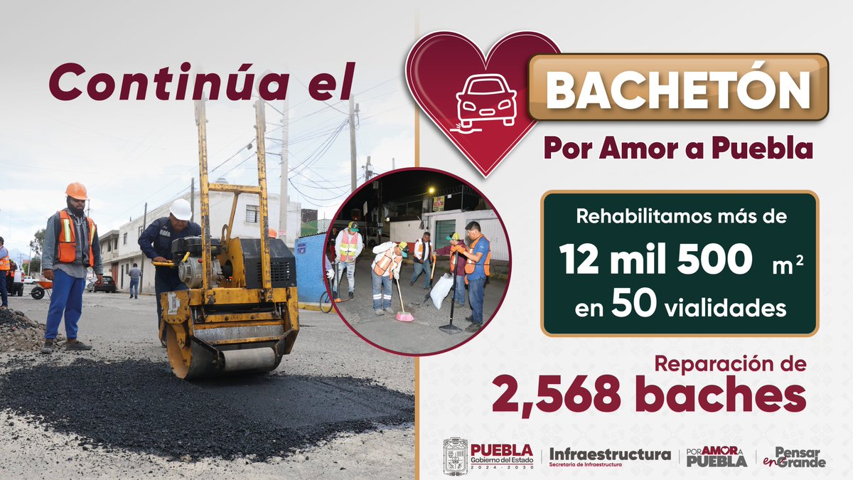 Coordinación Gral de Comunicación y Agenda Digital (@ccsgobpue) on Twitter photo 🚧 Mejorar las calles también es cuidar a las familias.
Con el Bachetón #PorAmorAPuebla, rehabilitamos vialidades para que la movilidad sea más segura, ágil y cómoda para quienes caminan, manejan o usan transporte.
#PensarEnGrande 🚧 Mejorar las calles también es cuidar a las familias.
Con el Bachetón #PorAmorAPuebla, rehabilitamos vialidades para que la movilidad sea más segura, ágil y cómoda para quienes caminan, manejan o usan transporte.
#PensarEnGrande