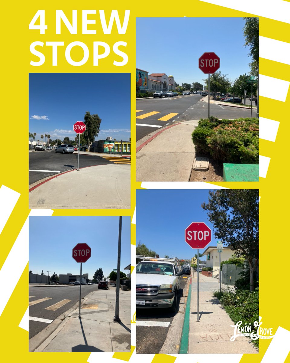 📚✏️Slow Your Roll! ✏️📚

As students prepare to return to class, let’s all do our part to keep them safe.

⚠️ 4 NEW STOP SIGNS:
🛑School Ln. &amp; Central Ave.
🛑 Golden Ave. &amp; School Ln.

Please approach these intersections cautiously and watch for children.

#CityofLemonGrove
