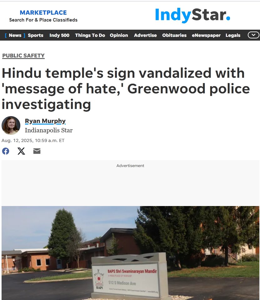 CoHNAOfficial's tweet photo. Another day-another American Hindu temple attacked - this time in Greenwood Indiana. The sign of the BAPs temple was found vandalized with a 'message of hate'. 

We understand local police are investigating and we urge them to treat this as a hate crime and to study this crime against the background of a growing national problem. This incident in Greenwood, marks the 7th physical attack on American Hindu temples since December 2023.  A full list can be found here. https://t.co/Li1YtSV5ph

For the minority Hindu community in the US, freedom of religion feels like an increasingly hollow promise. When our places of worship are attacked with impunity, where does a Hindu go for religious ceremonies, for spiritual solace and for community?

It is time for  lawmakers and law enforcement leaders across the country to urgently study and address this issue. @AGToddRokita 

Thanks @indystar for providing the broader context.

https://t.co/WiiAw1sUR4