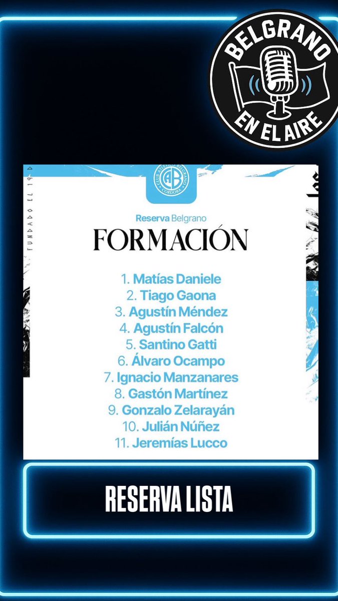 #Belgrano - RESERVA LISTA -

Estos son los 11 titulares elegidos por Norberto Fernández para el encuentro entre Aldosivi y Belgrano que se disputará a partir de las 15:00.

#belgranoenelaire
