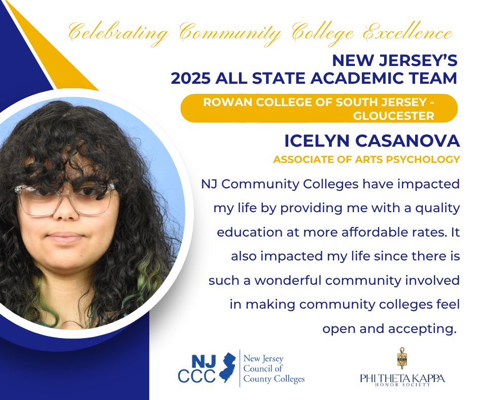 NJ's Community Colleges (@njcommcolleges) on Twitter photo Community colleges change lives — and students like Icelyn Casanova prove it. 
Congratulations to @rowancollege (Gloucester)’s own on being named to the 2025 NJ All-State Academic Team!  
#NJAllStateAcademicTeam #IamPTK @phithetakappa Community colleges change lives — and students like Icelyn Casanova prove it. 
Congratulations to @rowancollege (Gloucester)’s own on being named to the 2025 NJ All-State Academic Team!  
#NJAllStateAcademicTeam #IamPTK @phithetakappa