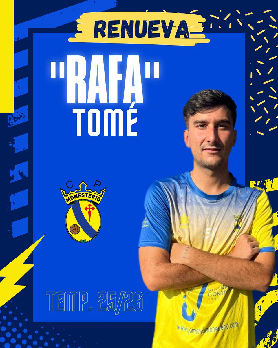 ¡Buenas tardes! Seguimos con las renovaciones del equipo senior. Jugador que comienza su segundo año defendiendo el color amarillo. Seguirá aportando calidad y versatilidad al centro del campo.
¡Muchas gracias Rafa por seguir con nosotros!

💛💙💛💙