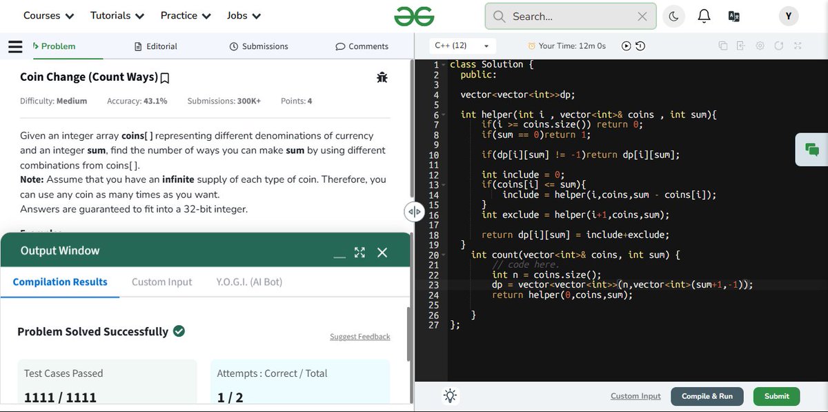 YojitKataria's tweet photo. ๐ก Day 132: Coin Change (Count Ways)
Find total ways to make a given amount using given coins (unlimited supply).
โ๏ธ Classic Unbounded Knapsack + subset Sum
#DynamicProgramming #CoinChange #gfg160 #100DaysOfCode #geekstreak2025
@geeksforgeeks https://t.co/zrUxpDIOcQ