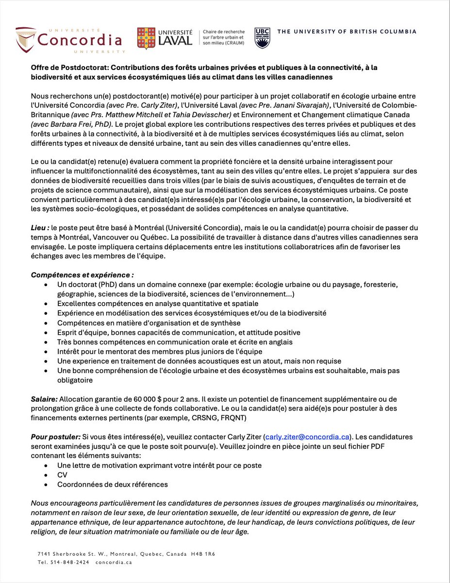 Chaire de recherche CRAUM (@chairecraum) on Twitter photo 📢Offre de Postdoc !
Projet sur la contribution des forêts urbaines à la connectivité, la biodiversité et les services écosystémiques liés au climat dans les villes canadiennes.🌳🦉🦇
Informations : bit.ly/41ytCKq
<a href="/carlyziter/">Carly Ziter (@carlyziter.bsky.social)</a> <a href="/JananiSivarajah/">Janani Sivarajah, PhD</a> <a href="/CEF_CFR/">CEF_CFR</a> 📢Offre de Postdoc !
Projet sur la contribution des forêts urbaines à la connectivité, la biodiversité et les services écosystémiques liés au climat dans les villes canadiennes.🌳🦉🦇
Informations : bit.ly/41ytCKq
<a href="/carlyziter/">Carly Ziter (@carlyziter.bsky.social)</a> <a href="/JananiSivarajah/">Janani Sivarajah, PhD</a> <a href="/CEF_CFR/">CEF_CFR</a>