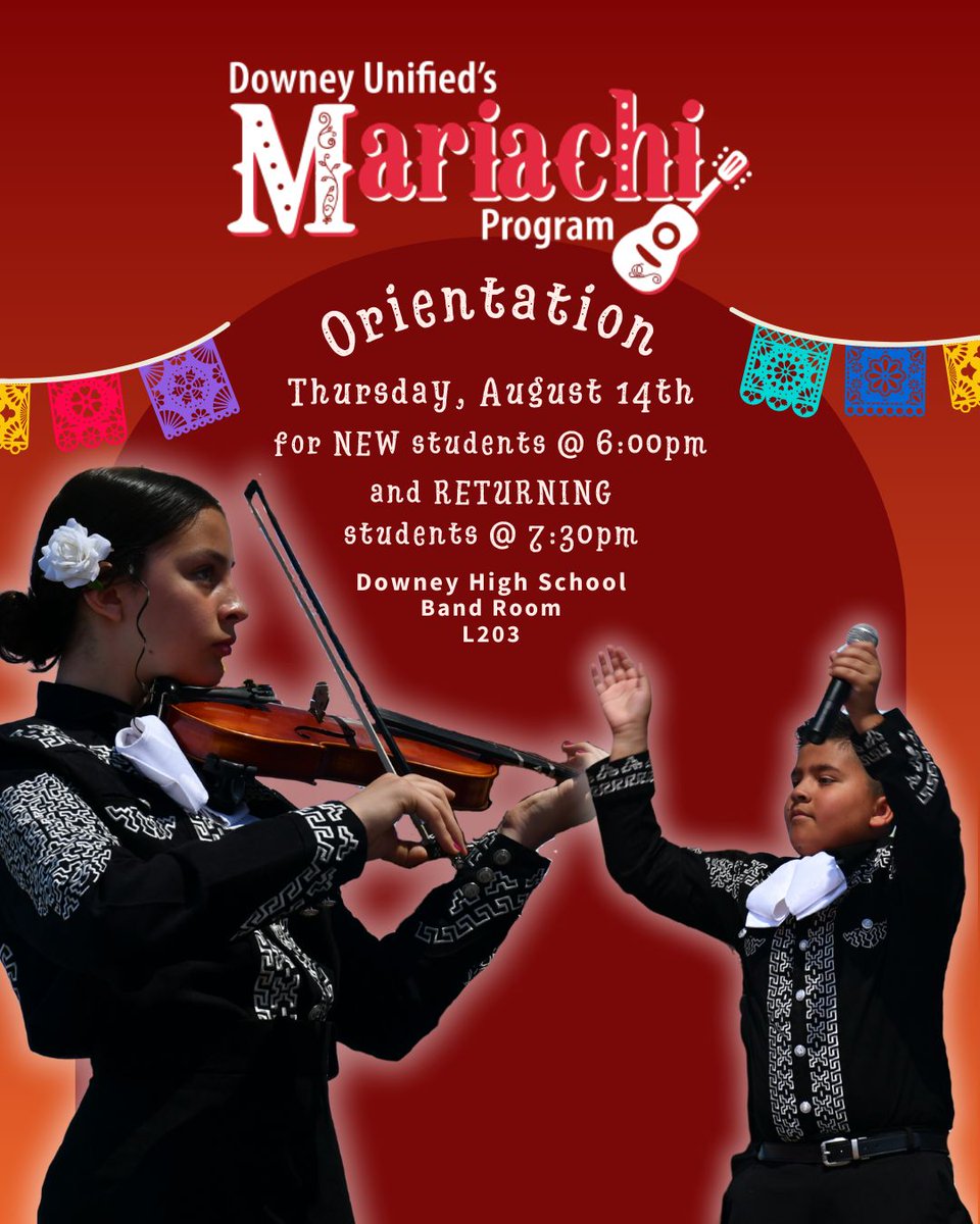DowneyUnified's tweet photo. 🎶 Join Downey Unified’s Mariachi Program! 🎶

 Calling all 6th–12th grade students — come be part of something special! Our Mariachi program is free and open to all skill levels.

📅 Thursday, August 14, 2025 – Downey High School Band Room (L203, Stadium Upper Level)
 ✨ New Students: 6:00 PM
 ✨ Returning Students: 7:30 PM

Come listen in at our Family Info Meeting and see if Mariachi is right for you! Mariachi is a year-long commitment where students learn to sing and play this rich, cultural music tradition.

Learn more: https://t.co/5retEc8Ckn

#downeyunified #ourkidsdeservethebest #mariachi 

@dusd_mariachi 
@dotyknights 
@gms_thunderbirds 
@staufferspartans 
@sussmanpioneers 
@woodruffacademy 
@columbus_highschool 
@downeyvikes 
@whsbears