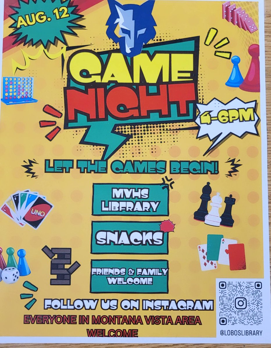 Tonight is our 1st Game Night of the year. Join us for snacks and games. Bring your friends or family. EVERYONE in Montana Vista is invited!!