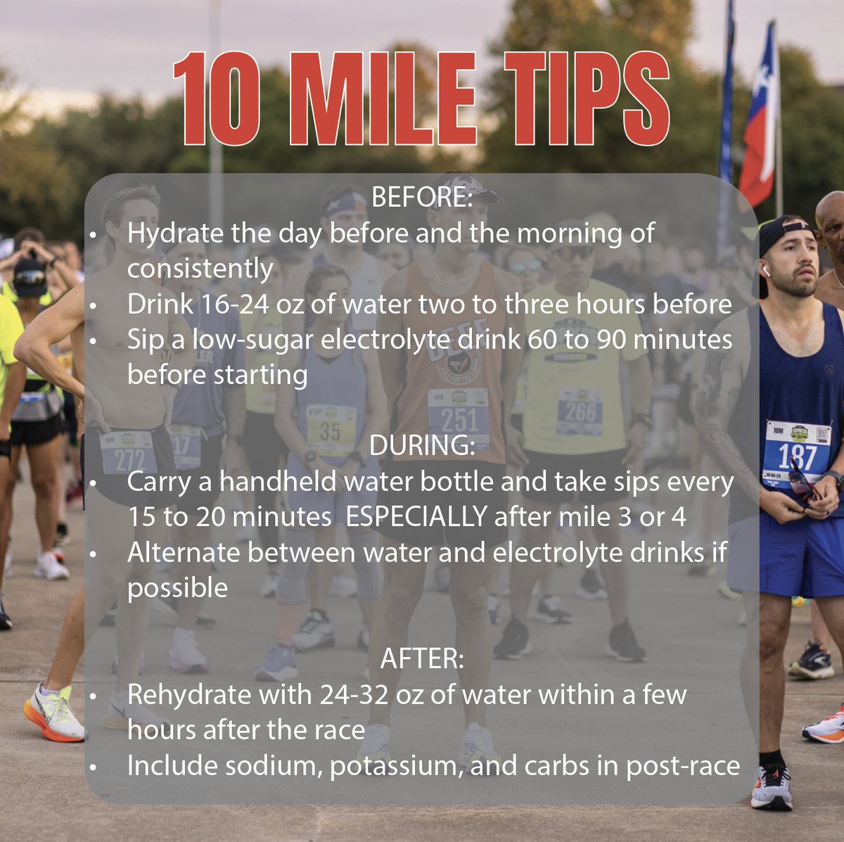 Texas10series's tweet image. Hydration isn’t just about water — it’s timing, electrolytes, and staying ahead of the Texas heat. 💦🏃‍♀️
From 5Ks to 10 Milers, smart runners hydrate early and often.
#Texas10Series #RunnerTips #HydrationHack #RaceDayReady #RunTexas #5KTraining #10MileChallenge