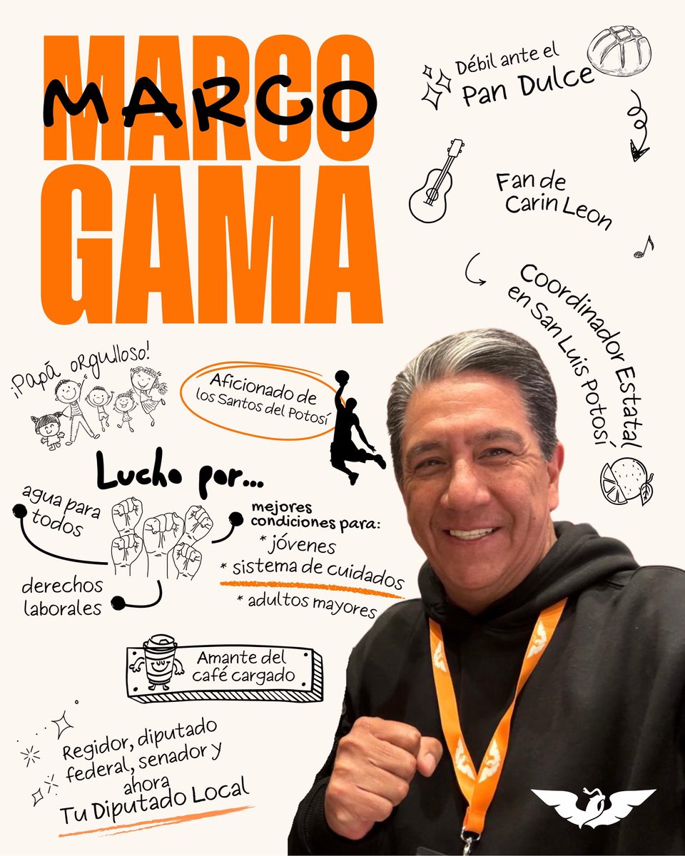 ¡Siempre listo para seguir trabajando por San Luis Potosí!
Soy Marco Gama, orgulloso papá, aficionado de los Santos, amante del café cargado y, sobre todo, comprometido con causas que importan. 

Desde regidor hasta diputado local, mi misión es clara.