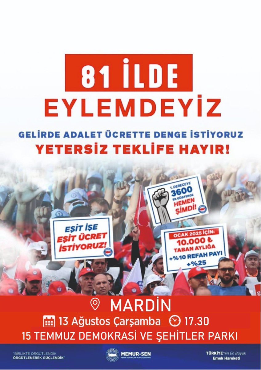 EBS Nusaybin (@ebsnusaybin) on Twitter photo 81 ilde eş zamanlı olarak gerçekleştireceğimiz eylem için 13 Ağustos Çarşamba günü saat 17.30’da Mardin 15 Temmuz Demokrasi ve Şehitler Parkı’nda buluşuyoruz.
📌 Gelirde adalet, ücrette denge istiyoruz.
📌 Yetersiz teklife hayır diyoruz
<a href="/_aliyalcin_/">Ali YALÇIN</a> <a href="/aselamdemir47/">Abdulselam DEMİR</a> <a href="/KavakSafak/">Safak Kavak</a> 81 ilde eş zamanlı olarak gerçekleştireceğimiz eylem için 13 Ağustos Çarşamba günü saat 17.30’da Mardin 15 Temmuz Demokrasi ve Şehitler Parkı’nda buluşuyoruz.
📌 Gelirde adalet, ücrette denge istiyoruz.
📌 Yetersiz teklife hayır diyoruz
<a href="/_aliyalcin_/">Ali YALÇIN</a> <a href="/aselamdemir47/">Abdulselam DEMİR</a> <a href="/KavakSafak/">Safak Kavak</a>
