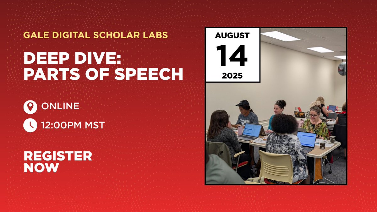UCalgaryLibrary's tweet image. Do you use a text analysis tool?

Join this 30-minute update on the latest enhancements to PARTS OF SPEECH - Gale Digital Scholar Lab&apos;s text analysis tool.

Aug 14 | 12pm

Details at library [dot] ucalgary [dot] ca