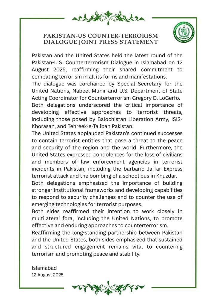 BREAKING: “The United States applauded Pakistan’s continued success to contain terrorist entities that pose a threat to the peace and security of the region and the world,” says U.S.-Pakistan counter terrorism dialogue joint statement