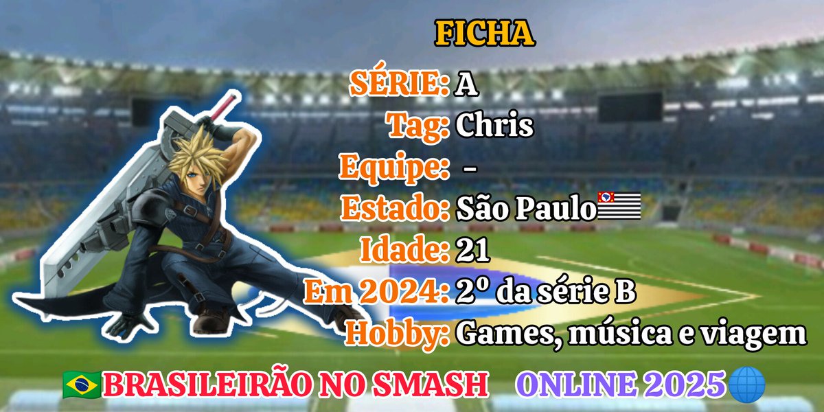 Player do Cross Slash perfeito e tem um bom game aéreo de Cloud. Conseguiu o acesso pra Série A pegando a segunda colocação e esse ano quer ir mais longe.
Faltam 3 dias para o início do Brasileirão!
SE INSCREVAM!⬇️
start.gg/tournament/bra…