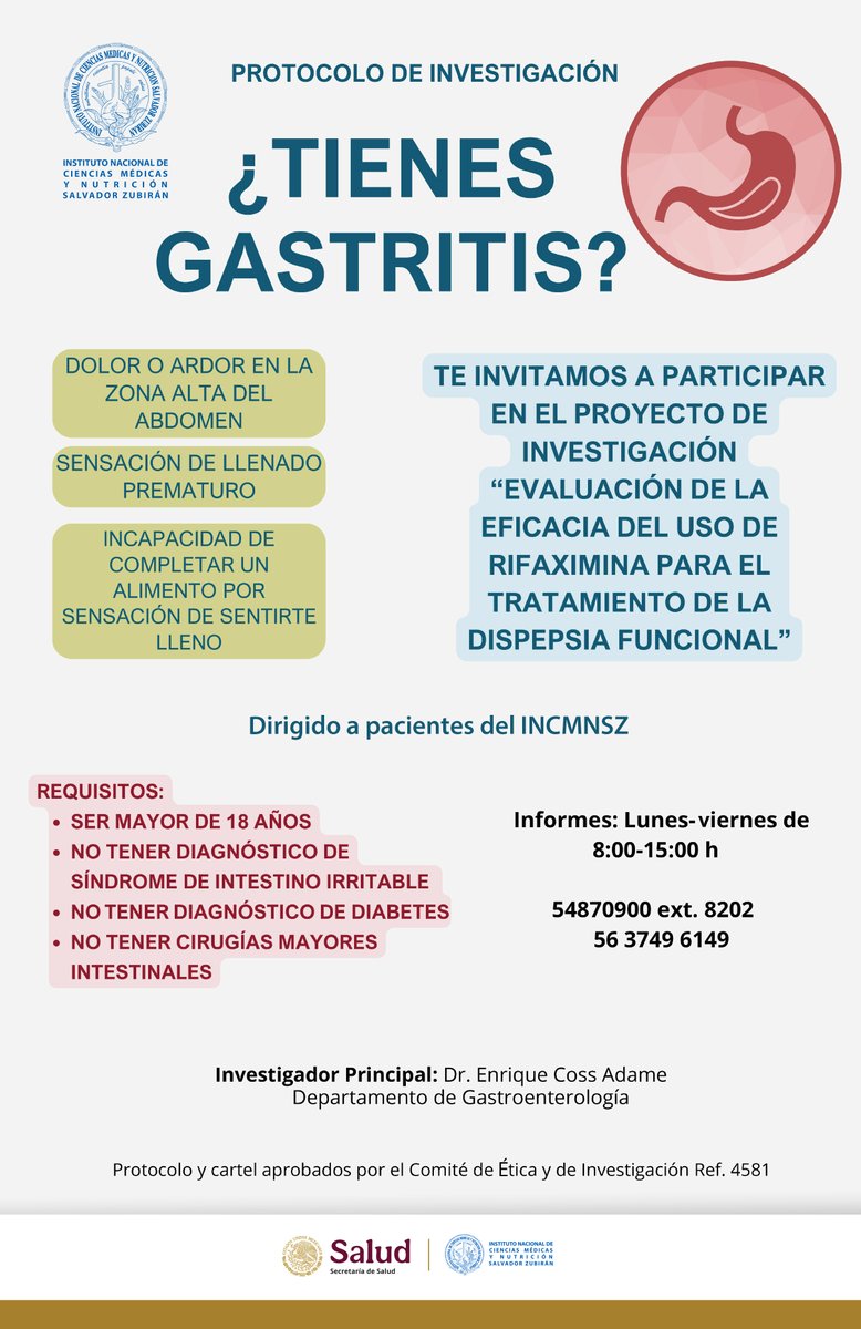 INCMNSZ (@incmnszmx) on Twitter photo Te invitamos a participar en el proyecto de investigación “Evaluación de la eficacia del uso de rifaximina para el tratamiento de la dispepsia funcional.
Protocolo y cartel aprobado por el Comité de Ética y de Investigación. Te invitamos a participar en el proyecto de investigación “Evaluación de la eficacia del uso de rifaximina para el tratamiento de la dispepsia funcional.
Protocolo y cartel aprobado por el Comité de Ética y de Investigación.