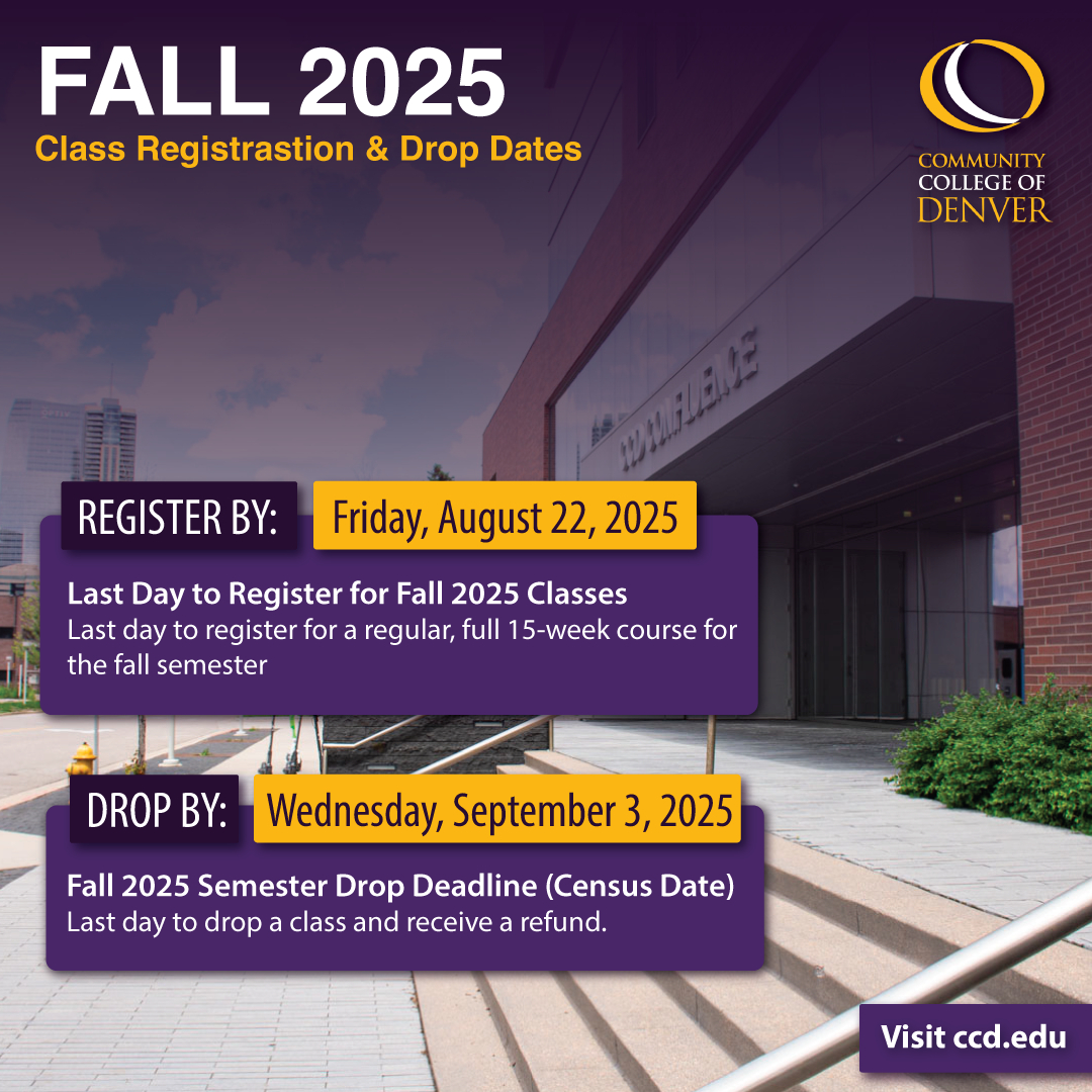 The Fall semester starts next week! Friday, August 22, 2025, is the last day to register for full 15-week courses for the Fall semester. Learn more and register now at CCD.edu