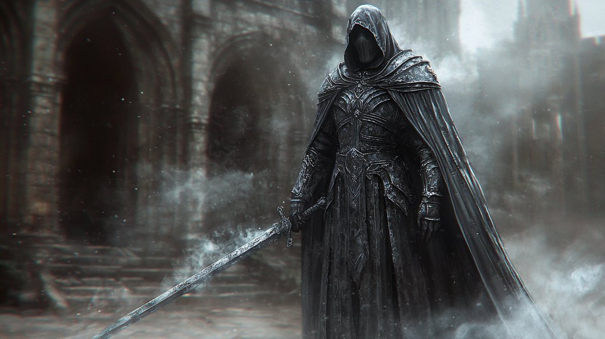 Synth_Cyborg's tweet photo. "In the ruins where kings once knelt, he walks—silent, faceless, carrying the weight of forgotten oaths."

#ShadowKnight #EternalVow #AIArt https://t.co/MU2nAefsjb