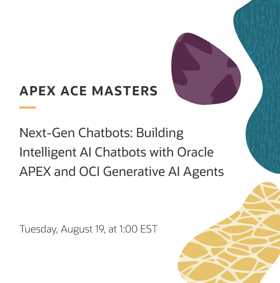 KrPastor's tweet photo. The new 𝗔𝗣𝗘𝗫 𝗔𝗖𝗘 𝗠𝗮𝘀𝘁𝗲𝗿𝘀 𝗦𝗲𝗿𝗶𝗲𝘀 is coming! 🎉 

♠️Next Wednesday (19), Richard Dalvi, Oracle ACE Director, will walk you through how to build intelligent #AI chatbots using #orclAPEX and OCI Generative AI Agents.  

See you there!  🙂

https://t.co/X0JpOZAAnh https://t.co/Vc9fH4iep6