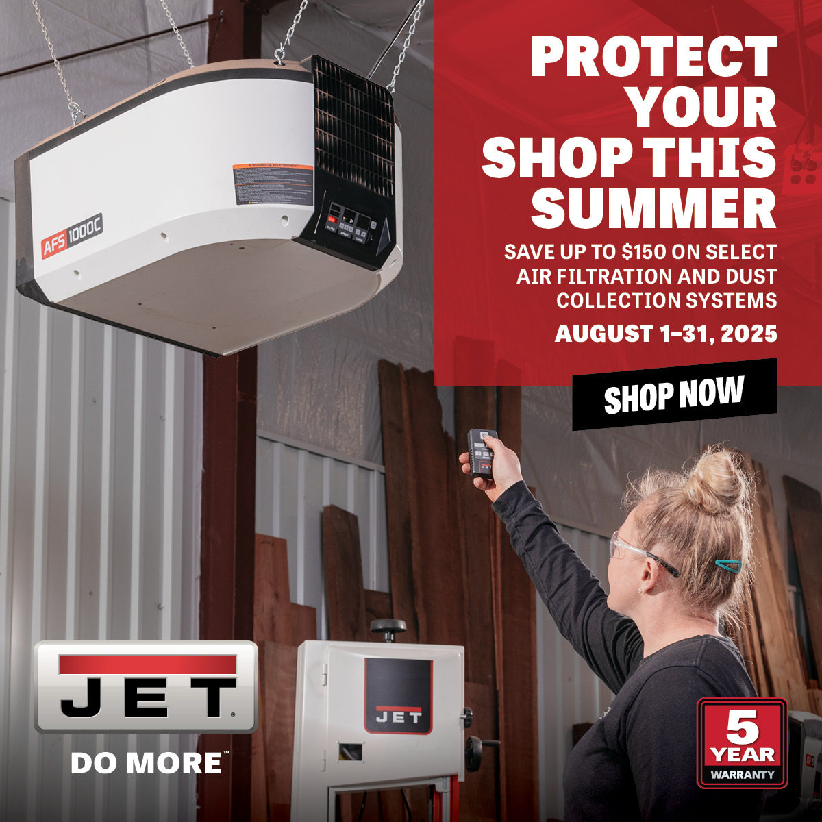 Toolstoday's tweet image. Protect your shop (and lungs) this summer! 🌬️
Save up to $150 on select JET air filtration &amp;amp; dust collection systems.
🗓️ Aug 1–31, 2025
✅ 5-Year Warranty

Shop now: toolstoday.com/jet-tools/
#JETTools #Woodworking #CleanAir
