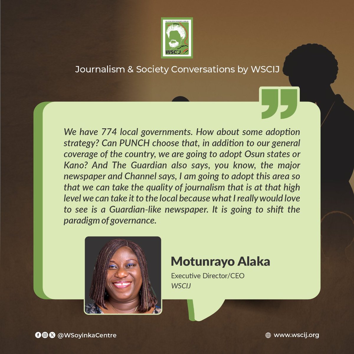 Wole Soyinka Centre (@wsoyinkacentre) on Twitter photo <a href="/MotunrayoAlaka/">Motunrayo Famuyiwa-Alaka</a>, urged media organisations and editors to dedicate consistent coverage to specific states or local governments, as a way to better reach and serve local communities.
#WSCIJConversations <a href="/MotunrayoAlaka/">Motunrayo Famuyiwa-Alaka</a>, urged media organisations and editors to dedicate consistent coverage to specific states or local governments, as a way to better reach and serve local communities.
#WSCIJConversations