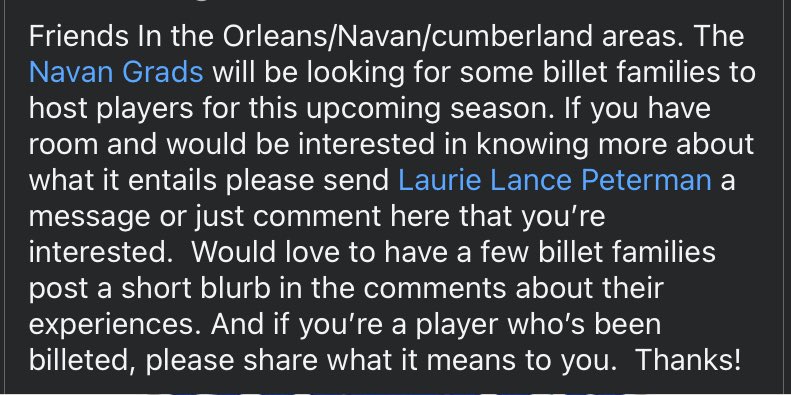 Navan Cumberland Orleans area. The <a href="/GradsHockey/">Navan Grads</a> are currently looking for a few billet families for this upcoming season. If you would like to know more about what it means to be a billet family send me a dm. Need rooms for 7-8 players currently. Thanks!