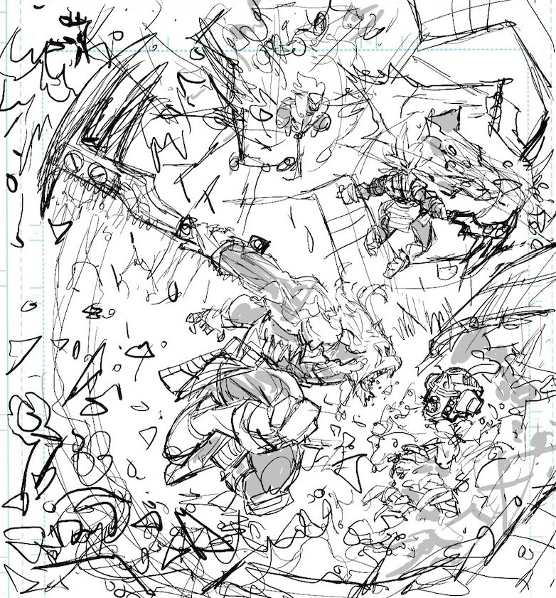 Battle Beast wrecking ball! This is a panel from issue 3. Peeling layers backwards again through the slides, final colored piece, colors by Annalisa Leoni, then the next two slides are final line art and then the digital scribbly layout. I do have many videos in my Instagram