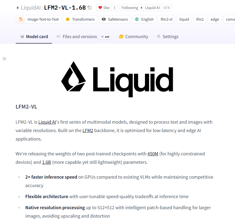 Maxime Labonne (@maximelabonne) on Twitter photo Liquid just released two 450M and 1.6B param VLMs!
They're super fast and leverage SigLIP2 NaFlex encoders to handle native resolutions without distortion.
Available today on <a href="/huggingface/">Hugging Face</a>! Liquid just released two 450M and 1.6B param VLMs!
They're super fast and leverage SigLIP2 NaFlex encoders to handle native resolutions without distortion.
Available today on <a href="/huggingface/">Hugging Face</a>!