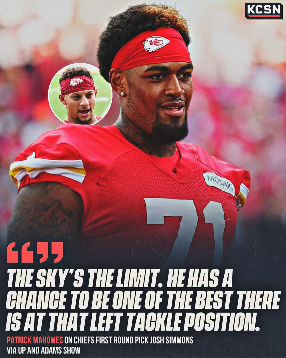KCSportsNetwork's tweet photo. Rookie Josh Simmons got some glowing praise from QB1 🤩 

(via @UpAndAdamsShow) https://t.co/X9RiUTUbEB