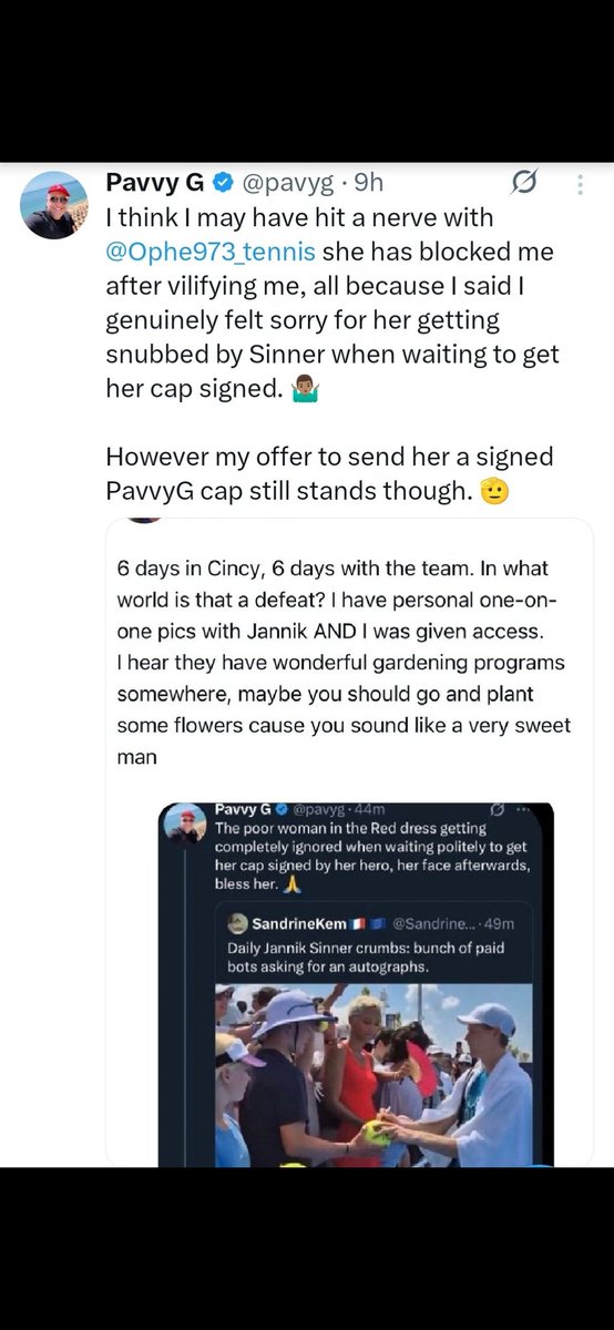 Ophe973_tennis's tweet photo. Oh darling, you've been blocked the minute you started attacking Darren and the crowds at Jannik's match under my posts... you just could not stand that Darren/Team Sinner gifted me a ticket to go watch Jannik... don't be too jealous, it shows 😘😘🌺 https://t.co/KOzvNPJjvx