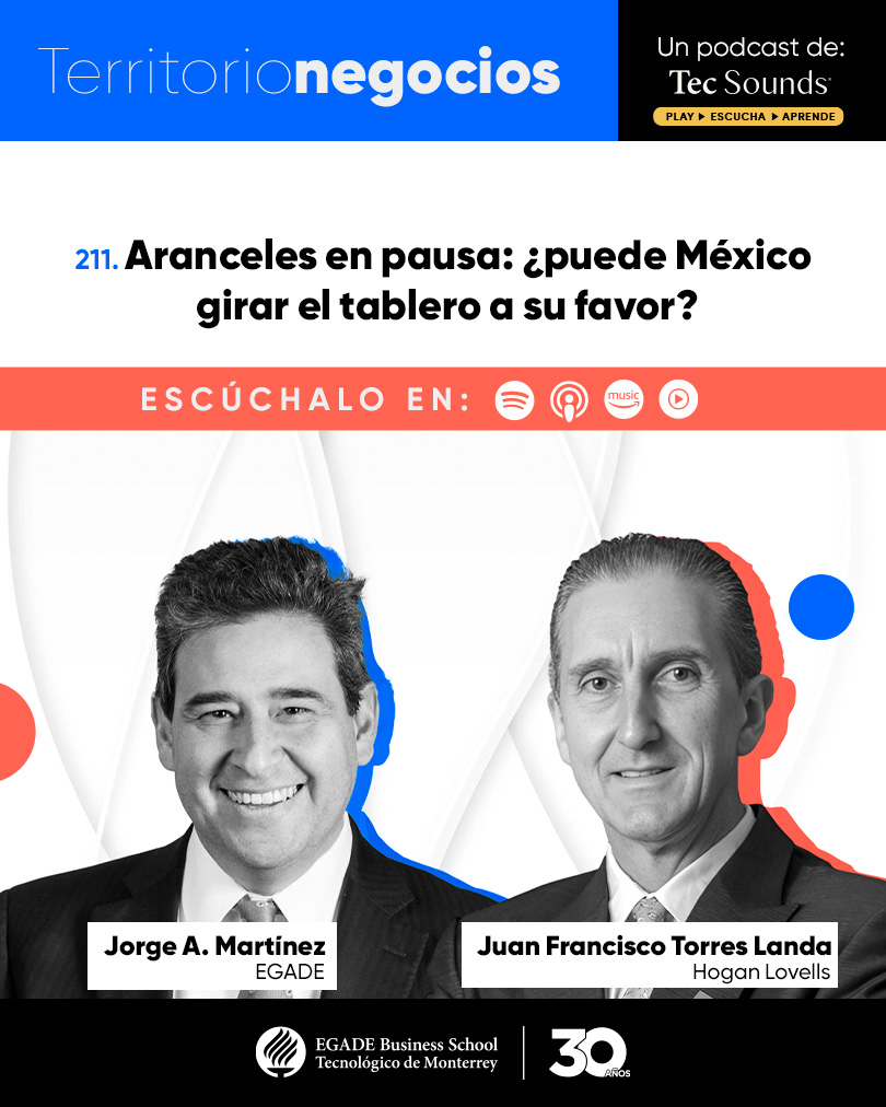 egade's tweet photo. 📣 ¡Nuevo episodio de #TerritorioNegocios! 🎧https://t.co/NVD3EM1Fuw ¿Qué implica la nueva prórroga arancelaria de EE. UU. a México? , @jamgcfa (#EGADE) y Juan Francisco Torres (@HoganLovellsMX) analizan qué significa esta pausa para la competitividad de las empresas mexicanas. https://t.co/235MyENvNr