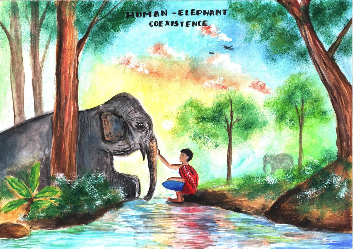 NMNHIndia's tweet image. The A T HARSITHA LAKSHMI, Class 1X, PM SHRI KV Coimbatore, Tamil Nadu won second prize in the painting competition organized by #NMNH @moefcc on the theme HUMAN-ELEPHANT COEXISTENCE #worldelephantday2025 @supriyasahuias @rameshpandeyifs @KVS_HQ