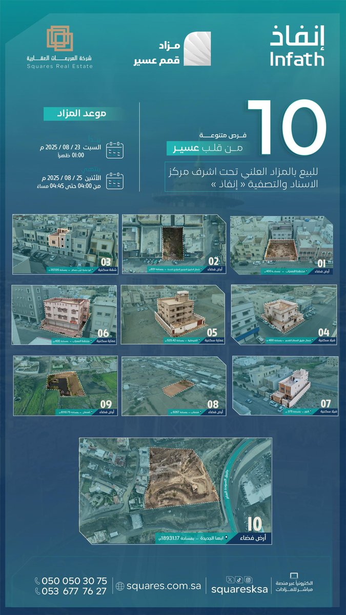 🔟 فرص عقارية من قلب #عسير 🌿
فلل – عمائر – أراضٍ سكنية وزراعية بمواقع مميزة!
🗓️المزاد تحت إشراف مركز الإسناد والتصفية «إنفاذ».
🎯 لا تفوّت فرصة الاستثمار الأمثل.

كتيب المزاد/
drive.google.com/drive/folders/…

للوصول إلى صفحة المزاد/
re.mobasher.sa/auctions/t-con…
———
#مزاد_قمم_عسير