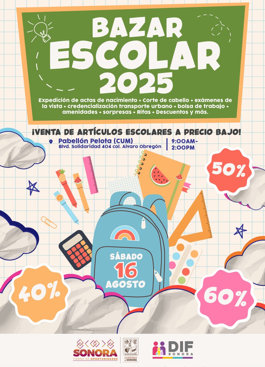¡Por el éxito del Bazar Escolar de DIF Sonora tenemos nueva fecha!

⏰ 9:00 am a 2:00 pm
📅 Sábado 16 de agosto
📍 Pabellón Pelota, CUM.

📣¡Pasa la voz y, acude desde temprano porque podrías ganarte hasta una bicicleta!

#SeguimosTransformando