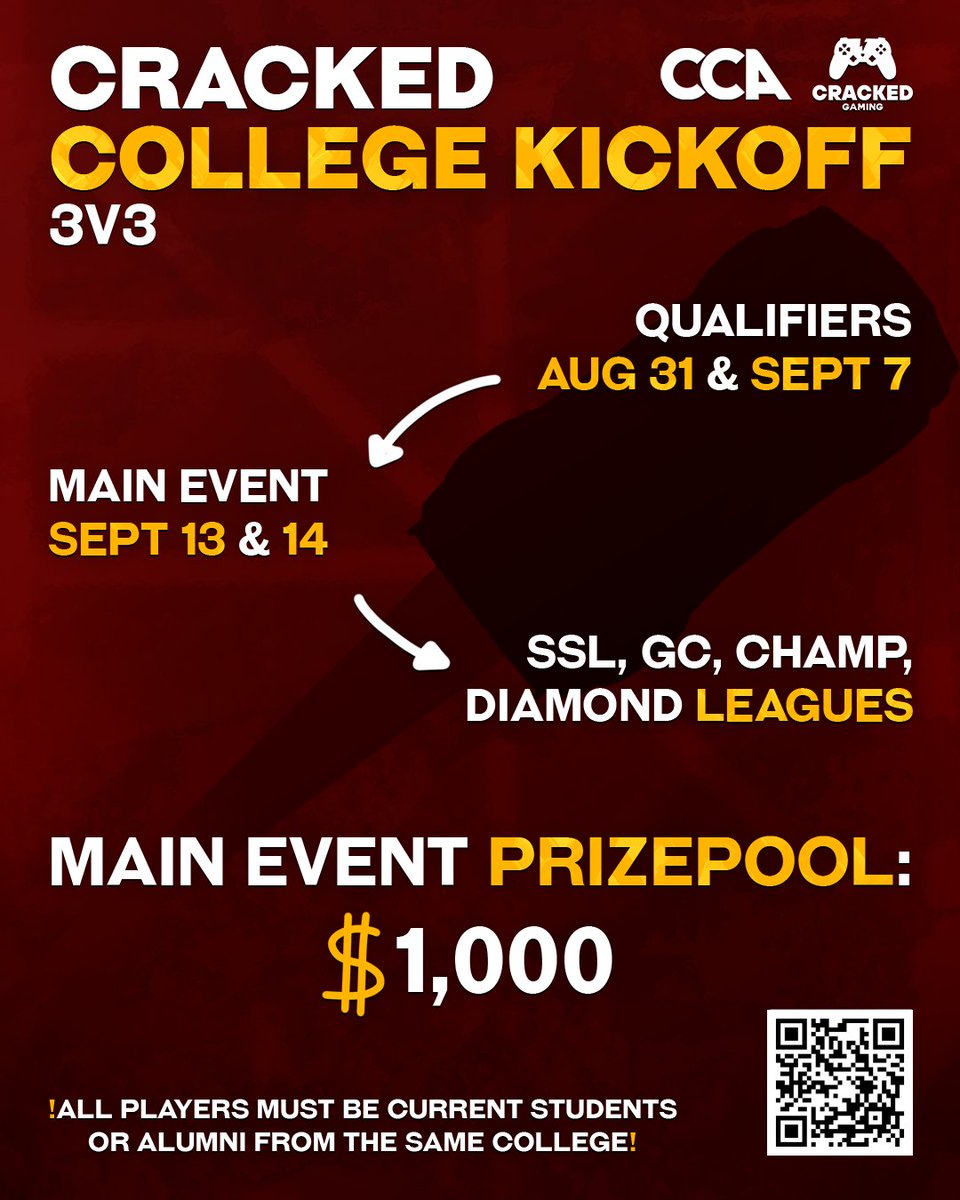 🚀Think your college has the best RL team?
The Cracked College Kickoff with <a href="/crackedgamingg/">Something Big Coming👀 | Cracked Gaming</a> is here💥
💰$1,000 prize pool | Diamonds ➡️ SSL
📅Qualifiers: Aug 31 &amp; Sept 7 | 8–10 PM ET
🏆Finals: Sept 13–14
Rep your campus &amp; take the crown 🎓
👉Register here: forms.gle/HEop3xg3ftSMmA…