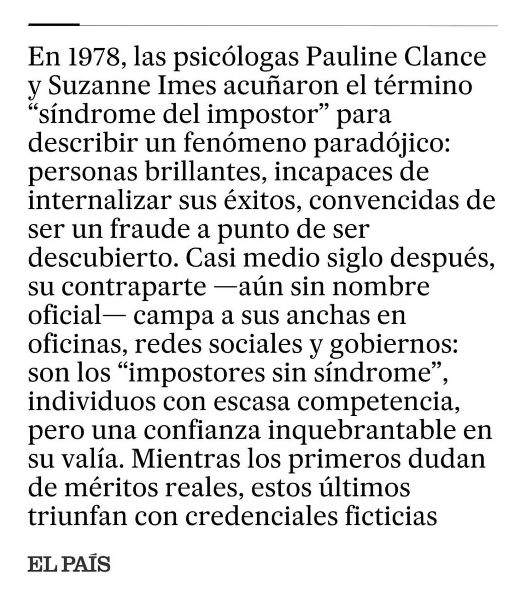 Bibliomaniatico's tweet photo. Impostores sin síndrome: cuando la incompetencia se viste de confianza
En el extremo opuesto al síndrome del impostor, algunas personas triunfan con unas credenciales ficticias, ocupando puestos de poder sin merecerlo ni cuestionárselo. 

Alberto G. Palomo. https://t.co/gjWOl8mh1G
