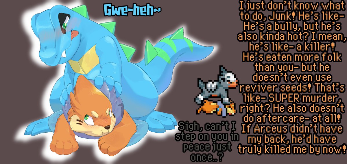 Image 1 of ?

Soggy is having problems with this pred who is JUST a jerk! Of course, he goes straight to the smartest dog he knows. He could probably pick a better time to ask, though- C'mon Soggy, it's steppies time! 

Guz is <a href="/GuzzleTotodile/">Guz?</a> 

Artist Anon