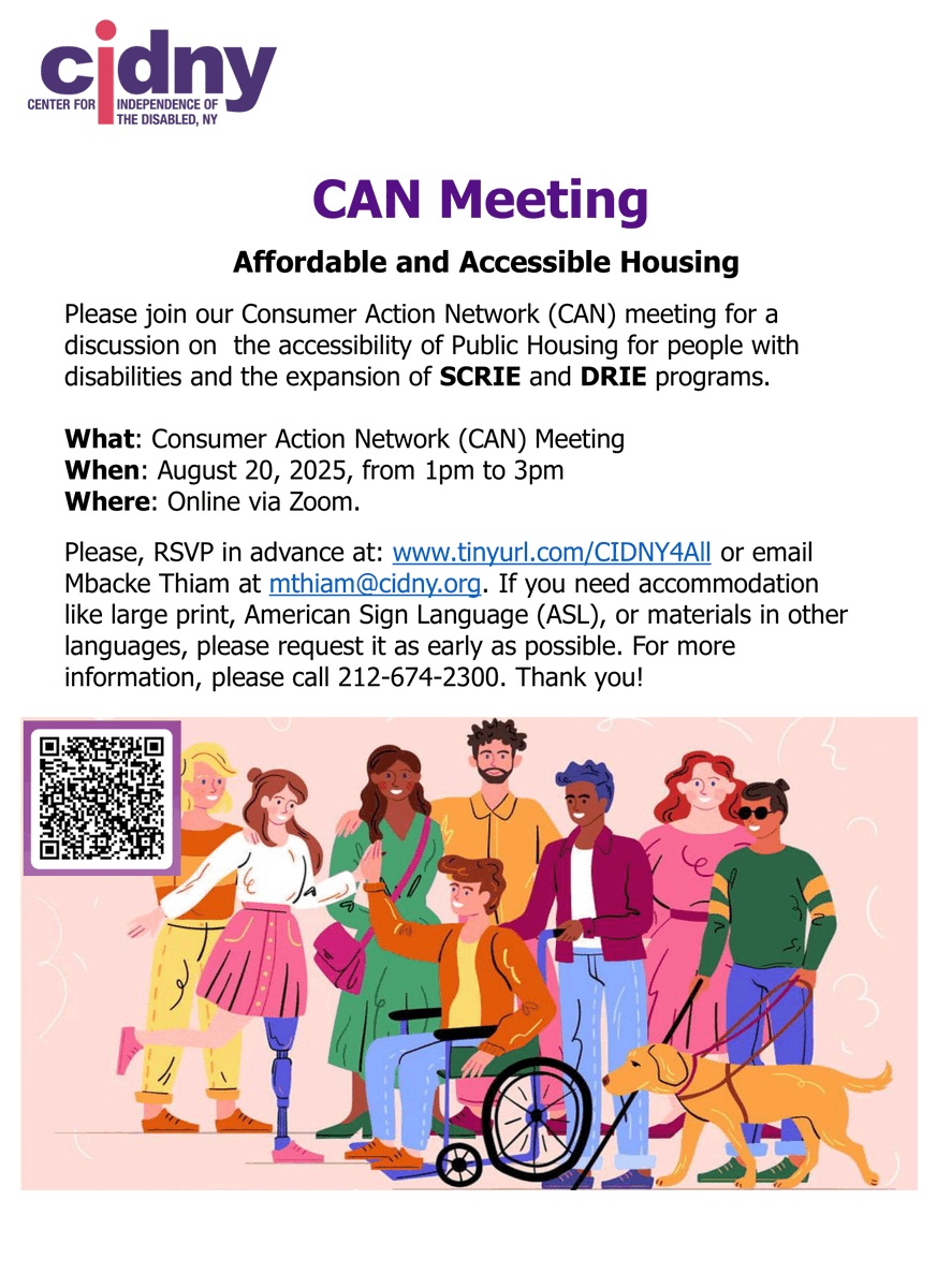 Join us for the CIDNY’s next CAN advocacy meeting next week on 8/20. Guest speakers will join us to discuss accessibility of public housing and the expansion of the Senior Citizen Rent Increase Exemption (SCRIE) and Disability Rent Increase Exemption (DRIE) programs. Come join