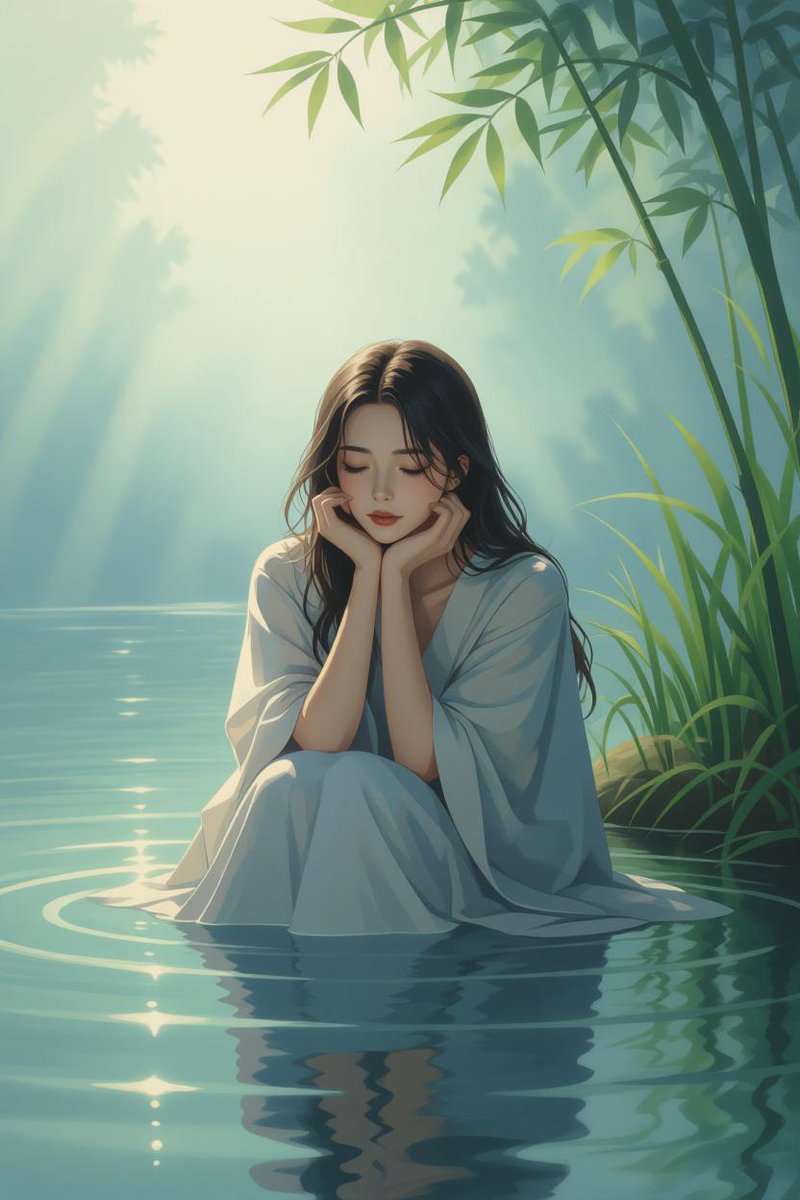 Skylme's tweet photo. Serene Brunette in Flowing White Robe Meditates Amid Sunlit Bamboo and Rippling Waters - Tranquil Zen Fantasy AI Art #ZenBeauty #BambooSerenity #AIArt #FantasyPortrait #MeditativeVibes https://t.co/yS4webga9m