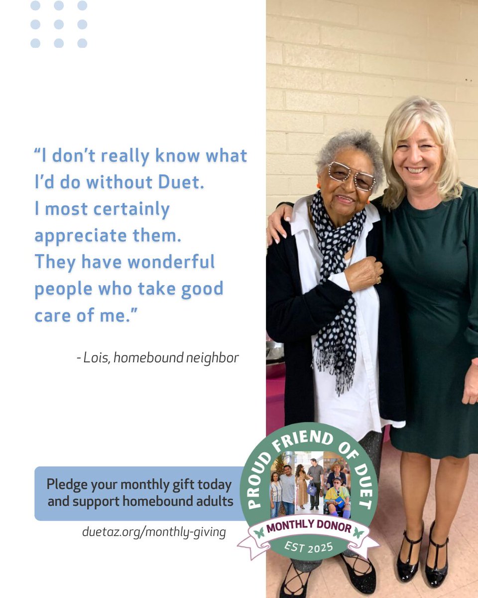DuetAZ's tweet photo. Join Friends of Duet and help Arizonans age with dignity: https://t.co/dHEDqYaNGQ

You can bring joy and peace of mind to homebound adults for just $10 each month. https://t.co/fOGFJw5UON