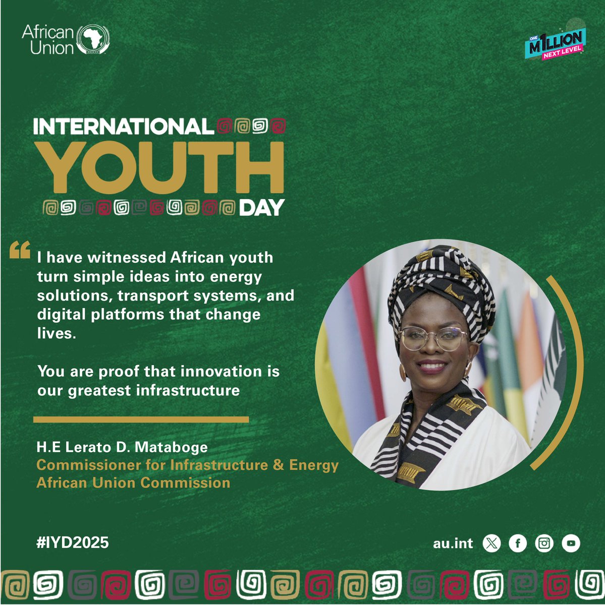 African Union Youth Program (@auyouthprogram) on Twitter photo You are proof that innovation is our greatest infrastructure. ~ H.E. <a href="/LDMataboge/">Lerato D. Mataboge</a>, <a href="/au_ied/">African Union | Infrastructure & Energy</a> Commissioner, in commemoration of #IYD2025
#1mNextLevel #Youth4SDGs You are proof that innovation is our greatest infrastructure. ~ H.E. <a href="/LDMataboge/">Lerato D. Mataboge</a>, <a href="/au_ied/">African Union | Infrastructure & Energy</a> Commissioner, in commemoration of #IYD2025
#1mNextLevel #Youth4SDGs