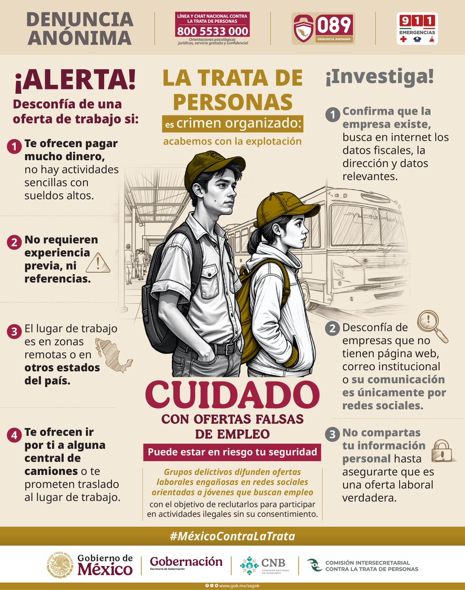 Promesas de trabajo que esconden peligro.

Denuncia al 089.📞 #MéxicoContraLaTrata✋
