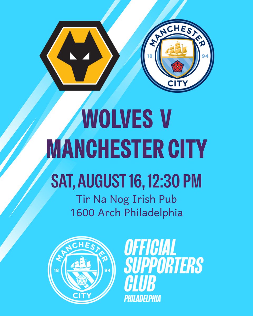 We are so back. See you Saturday with a Grealish shaped hole in our hearts.

Wolves v ManCity
Sat, Aug 16 at 12:30 PM
Tir Na Nog - 1600 Arch

#WOLMCI #CmonCity #MancityUS #MancityOSC #mcfcphilly