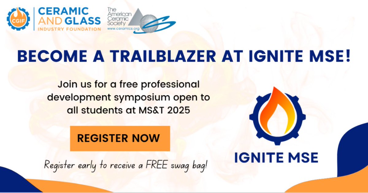 🔥 IGNITE MSE Event at MS&amp;T 2025🔥  
Columbus, OH | Sept 28 – Oct 1

IGNITE MSE is a chance for students to network, get career insights, and hear from industry leaders in materials science!

Learn more &amp; sign up at foundation.ceramics.org/student-resour…