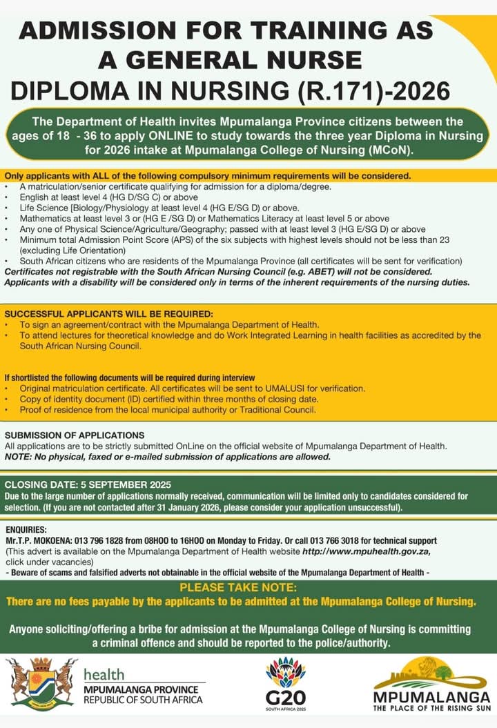 Applications to study for a Nursing Diploma are now available. Click on the link below to apply.

ehr.mpuhealth.gov.za/intakeform/Sec…

 #LetsGrowMpumalangaTogether #LeaveNoOneBehind 
#HealthcareForAll