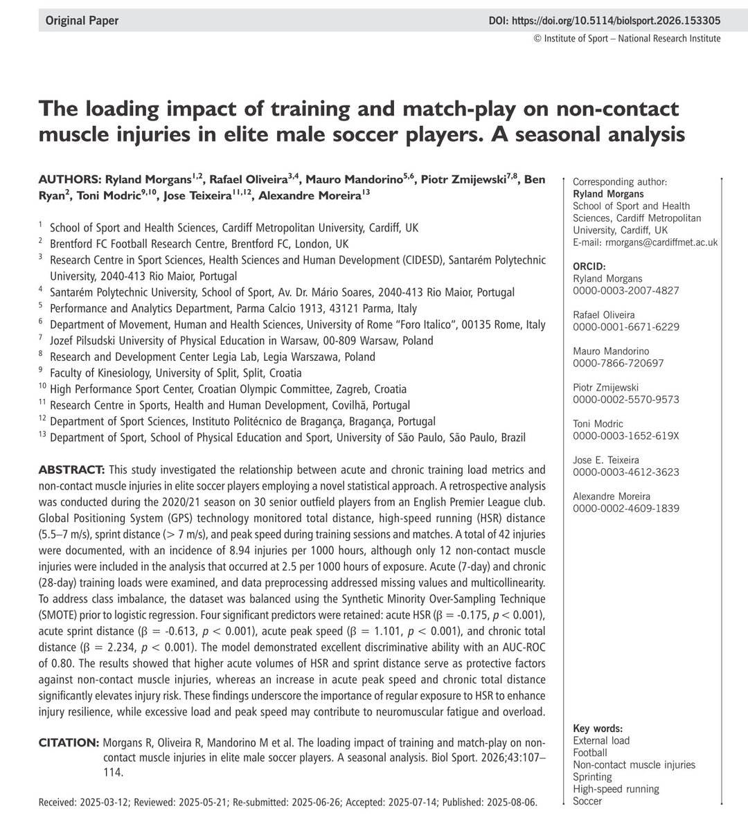 Biology of Sport (@biolsport) on Twitter photo Regular exposure to HSR enhances injury resilience ⚽
<a href="/premierleague/">Premier League</a> study (Ryland Morgans et al) 📊
🔹 Higher 7d HSR & sprint ↓ injury risk
🔹 Higher 7d peak speed ↑ injury risk
🔹 High 28d total distance ↑ injury risk
📈 Model AUC-ROC 0.80
#OpenAccess termedia.pl/The-loading-im… Regular exposure to HSR enhances injury resilience ⚽
<a href="/premierleague/">Premier League</a> study (Ryland Morgans et al) 📊
🔹 Higher 7d HSR & sprint ↓ injury risk
🔹 Higher 7d peak speed ↑ injury risk
🔹 High 28d total distance ↑ injury risk
📈 Model AUC-ROC 0.80
#OpenAccess termedia.pl/The-loading-im…