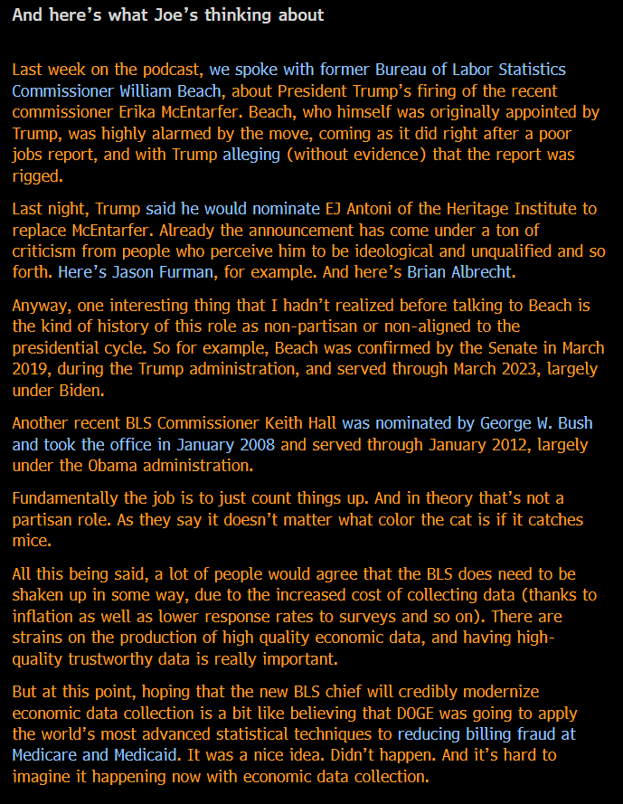 I wrote about Trump's nomination of EJ Antoni for BLS Chief.

Something I learned from our recent chat with <a href="/BeachWW453/">William Beach</a>  is that there's a long history of this role not aligning with Presidential terms, due to the perceived irrelevance of partisan identity.