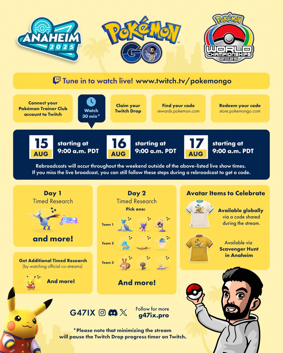 Worlds Twitch Drops 🎁

Watch 30 mins → snag up to 3 Timed Research codes:
D1: Skarmory + Elite Charged™
D2: Pick a GL team + 8,500 Dust
Co-stream: Varsity Pikachu + Buddy bonus till Aug 31

TR codes are unique - you gotta watch to get yours.
Tee code is universal - I’ll share