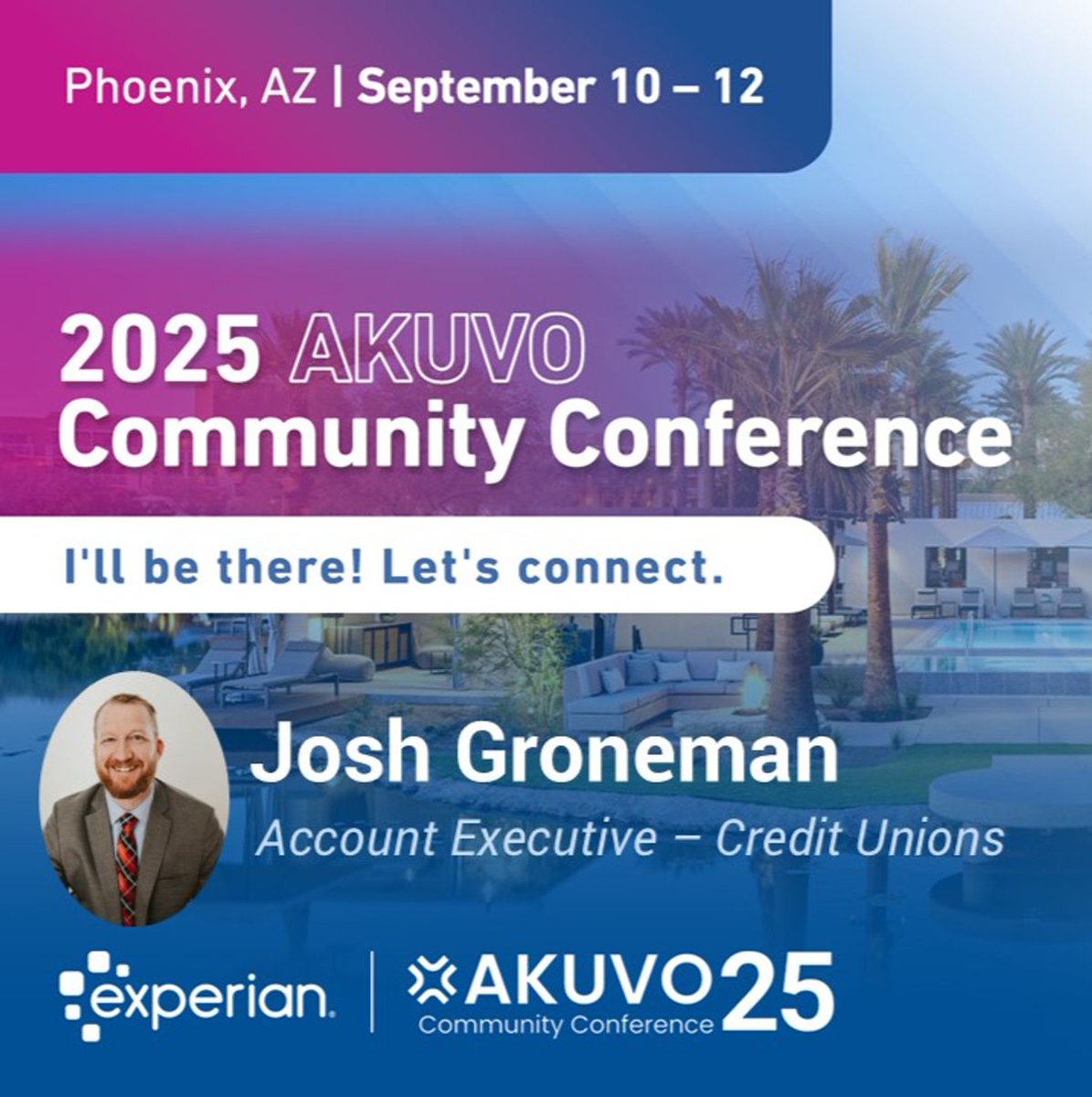 Will you be at the @AKUVO Community Conference 2025 in Phoenix, AZ? 

If so, let's connect! Leave a comment or send me a message and we'll get time scheduled. 

#AKUVOCon25 #Experian #CreditUnions #ExperianForCreditUnions